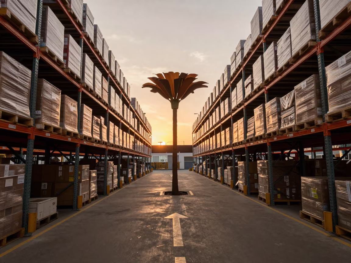 Giant Flower Grows in Salvador Logistics Center in along inventory racks under cool warehouse light in Salvador