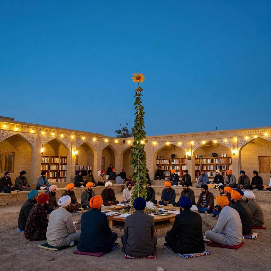 Giant Flower Over Sikh Kirtan on Library Table in on a dusty library table in Sheberghan
