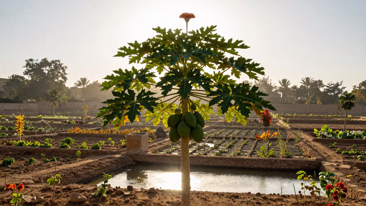 Giant Flower Papaya Tree Karbala in among terraced garden plots near Karbala