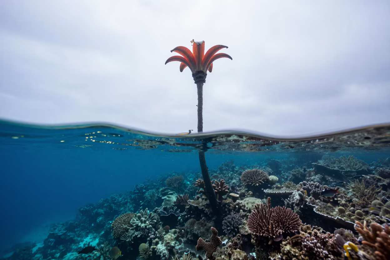 Giant Flower Reef Split Shot Stone Town in beneath a reef ledge in tropical shallows near Stone Town
