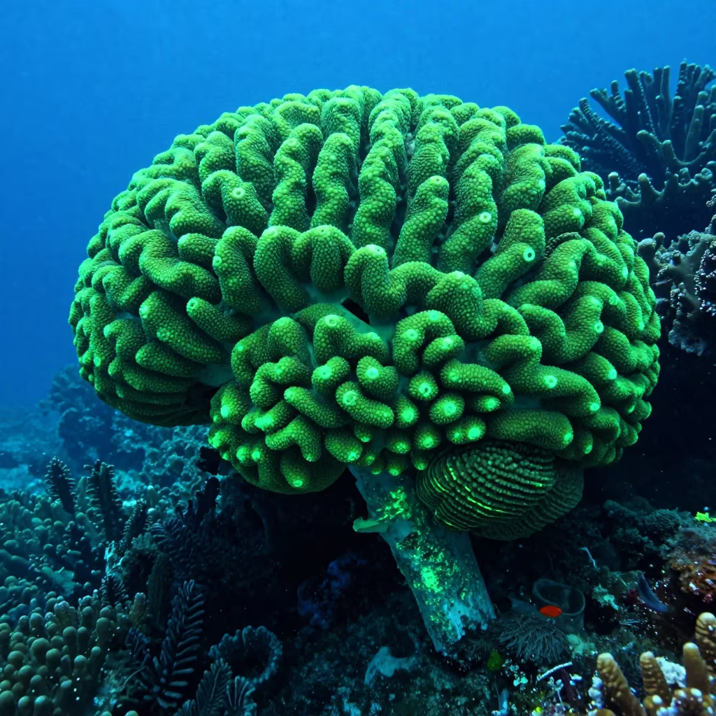 Giant Fluorescent Brain Coral Wall Underwater in along a coral wall with blue water beyond near Denpasar