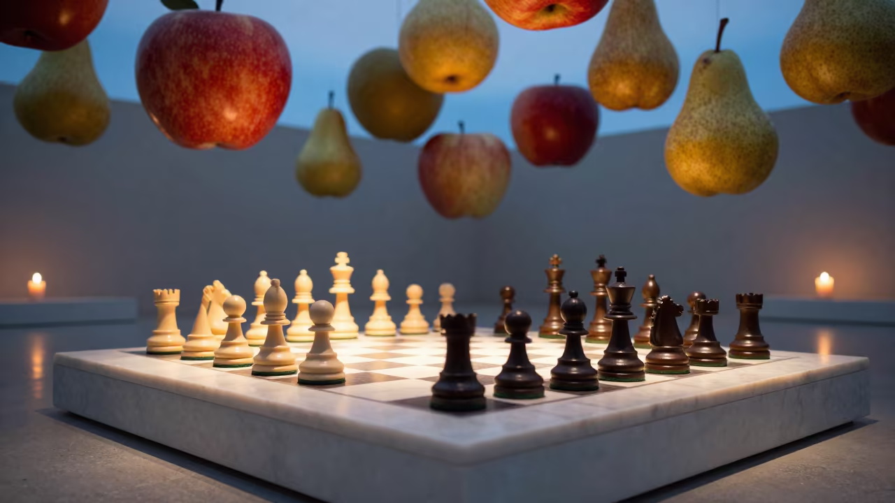 Giant Fruit Ceiling Over Chess Pieces in on a museum plinth in Cologne