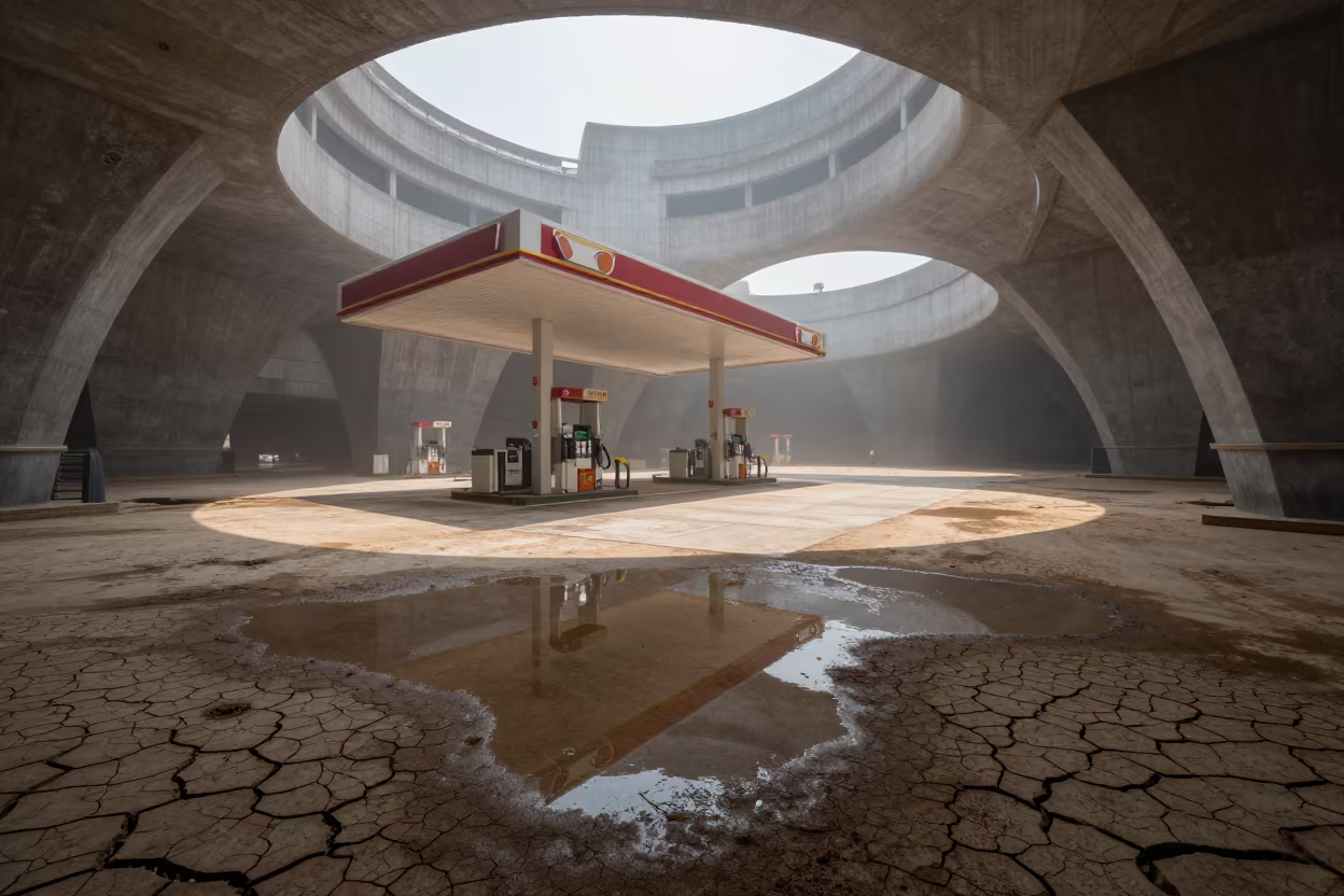Giant Gas Station in Vaulted Atrium Water Reflection in inside a vaulted atrium in Rahim Yar Khan
