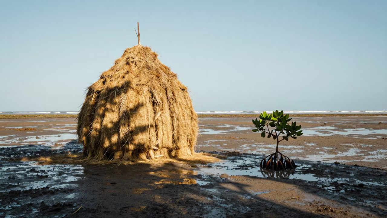 Giant Hay Bale Mangrove Seedling Jamaica in beside stacked hay bales in Jamaica