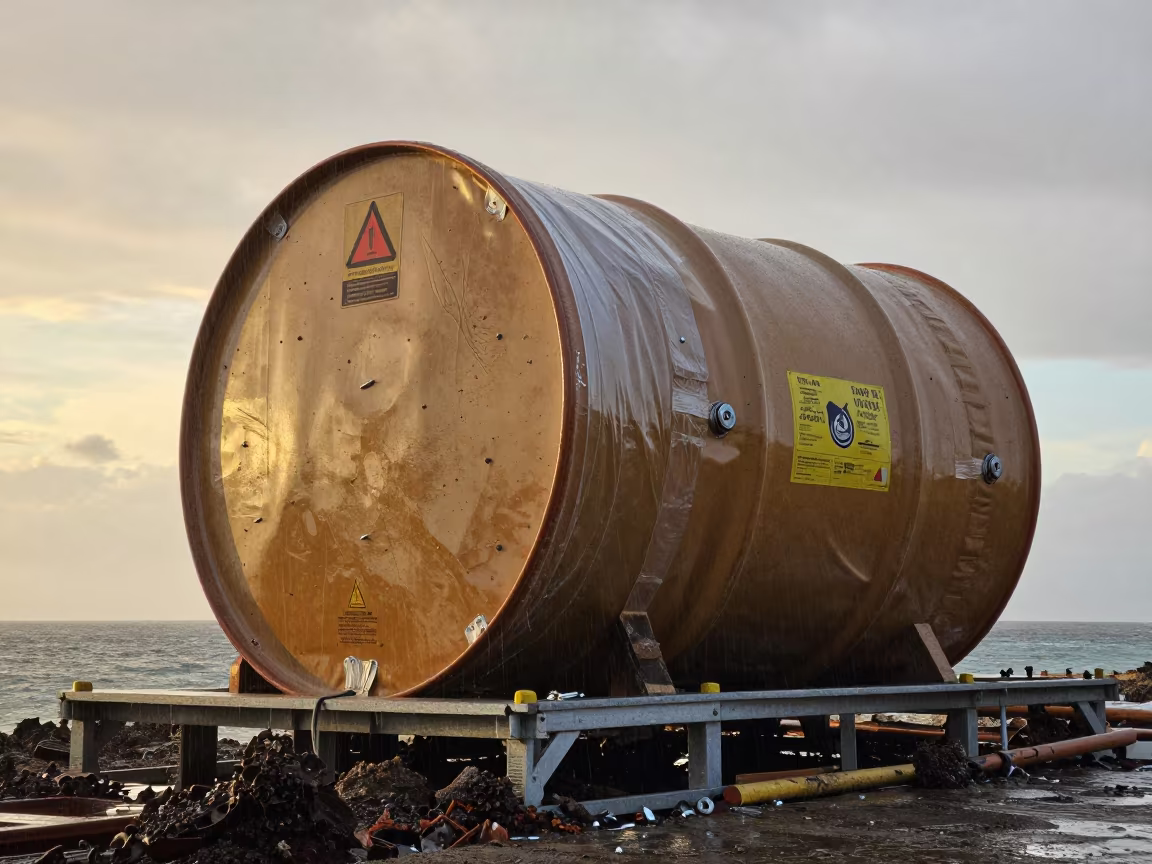 Giant Hazard Drum on Reef Facade at Dusk in along a scaffolded facade in the Great Barrier Reef