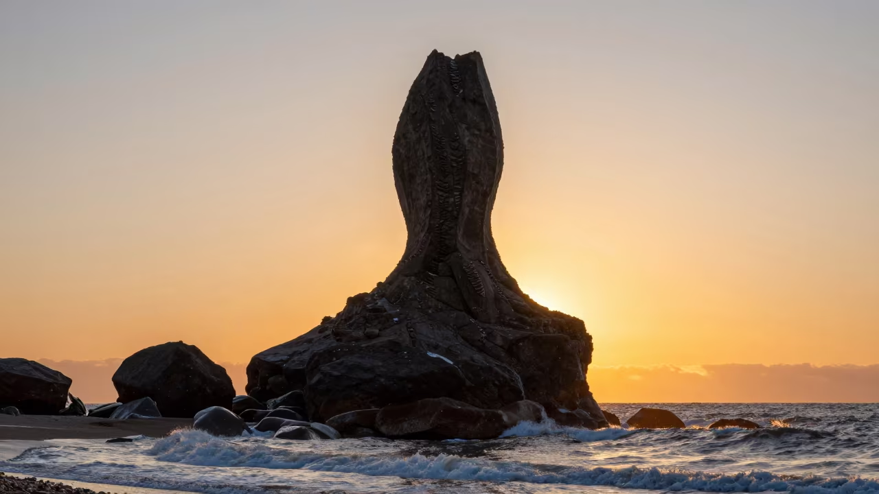 Giant Hoodoo Spire Sunset Shoreline in along a wave-cut shoreline near Chirchiq