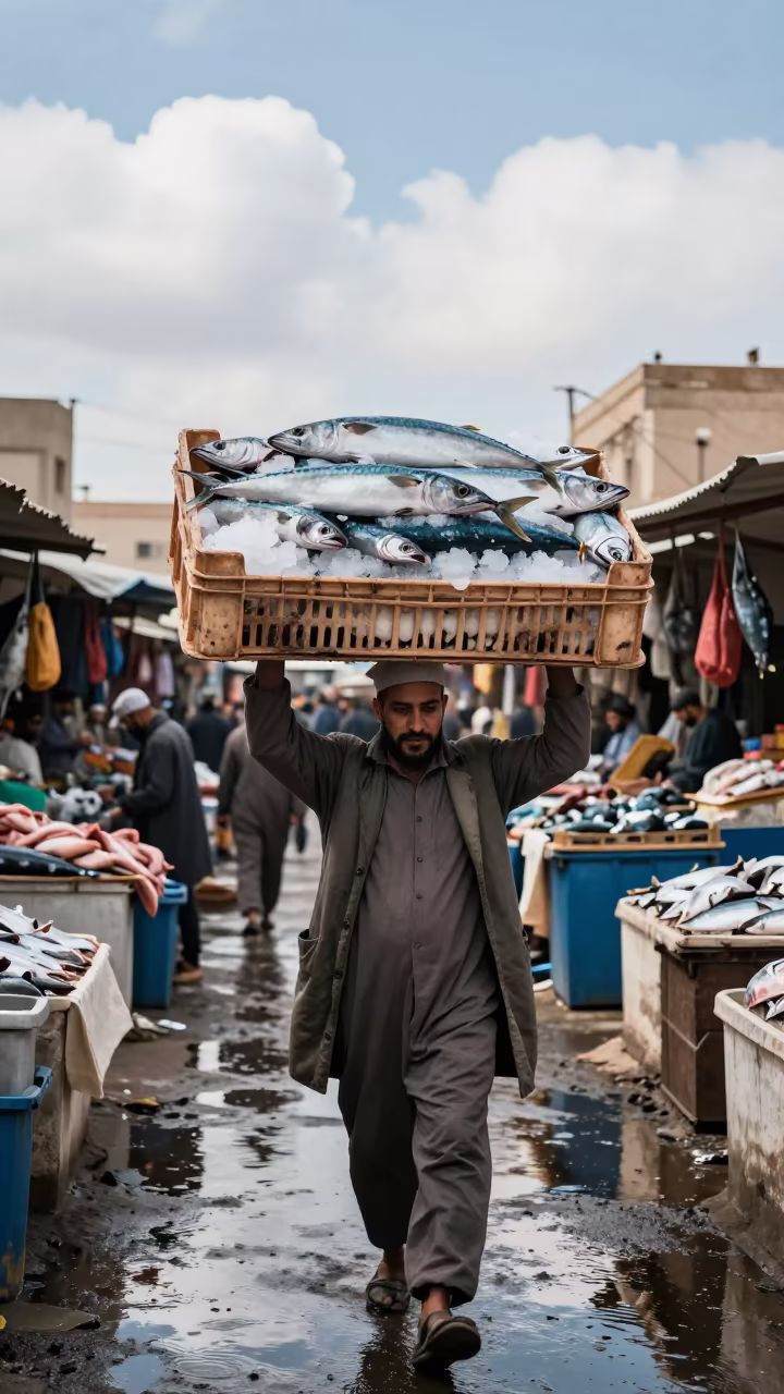 Giant Iced Mackerel Crate in Zakho Market in in a flea market lane in Zakho