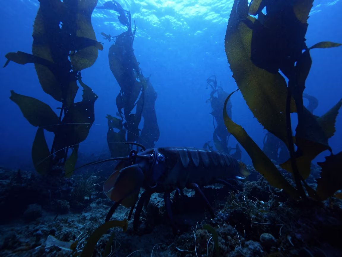 Giant Isopod Silhouette in Kelp Forest Twilight in through a forest of kelp fronds near Barceloneta, Barcelona