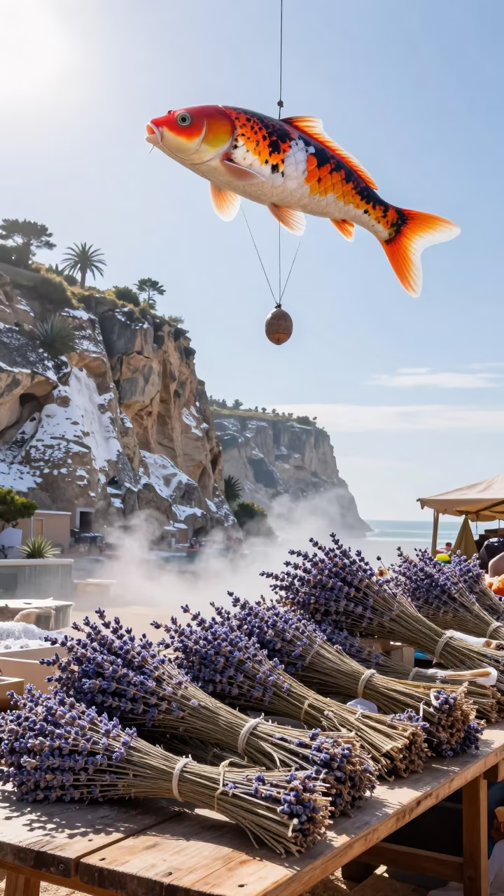 Giant Koi Balloon Over Provencal Lavender Market in along a salt-sprayed cliff edge near Belem
