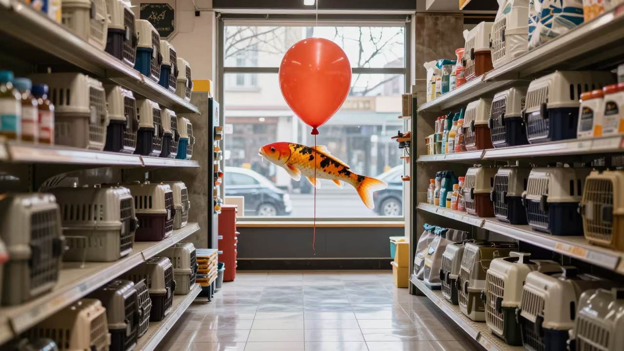 Giant Koi Balloon Over Pet Store Aisle in inside a pet store aisle near Istanbul