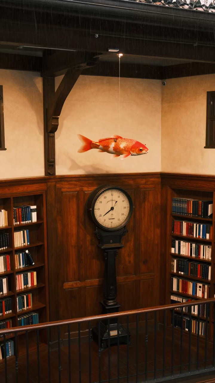 Giant Koi and Barometer in Cairns Pier Library in on a pier railing near Cairns