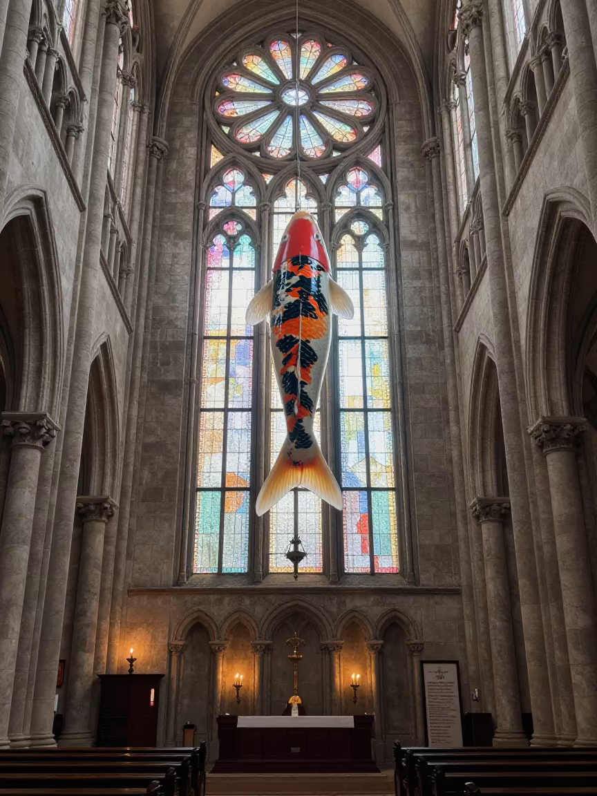 Giant Koi Floats Above Cathedral Rose Window Light in inside a candlelit nave in Almadies, Dakar