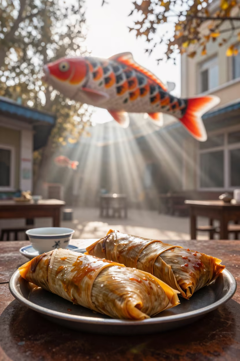 Giant Koi Floats Over Urumqi Tamales in on a tea house tray in Urumqi