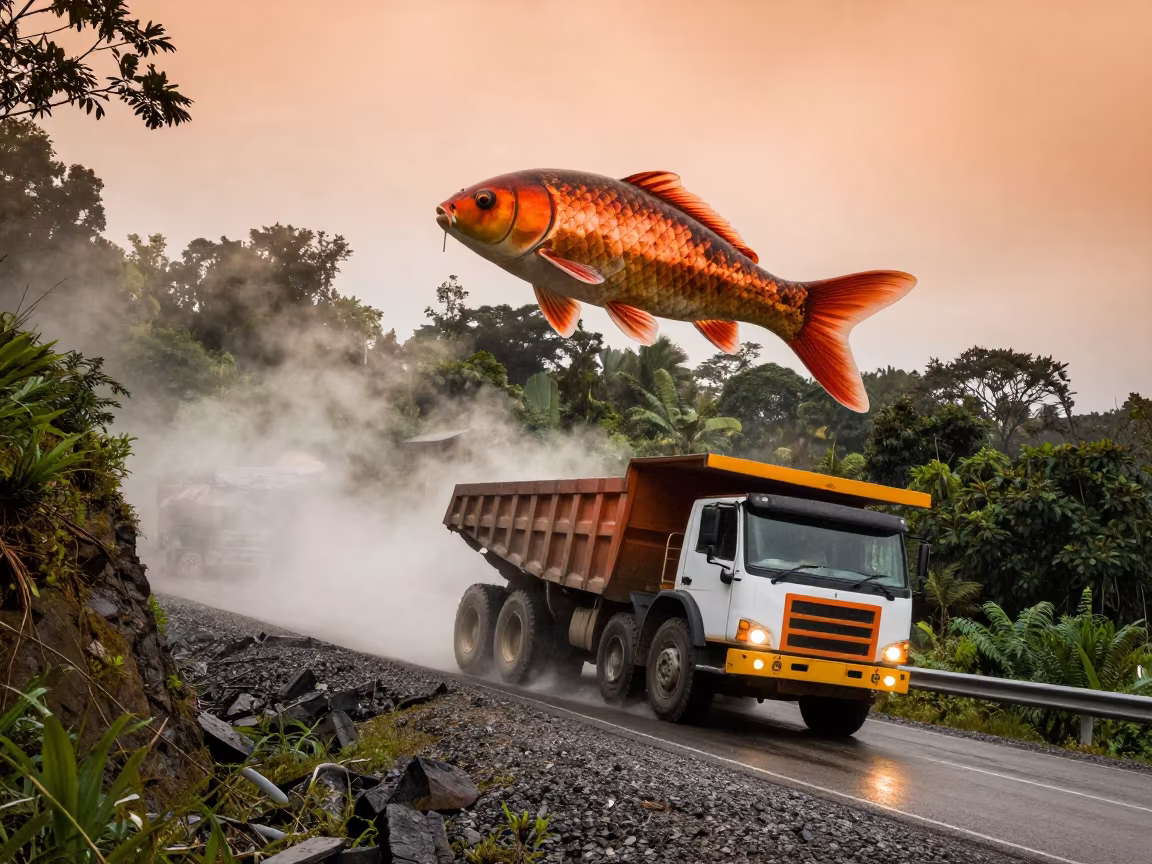 Giant Koi Haul Truck Copper Light in across a remote ferry crossing in Sulawesi