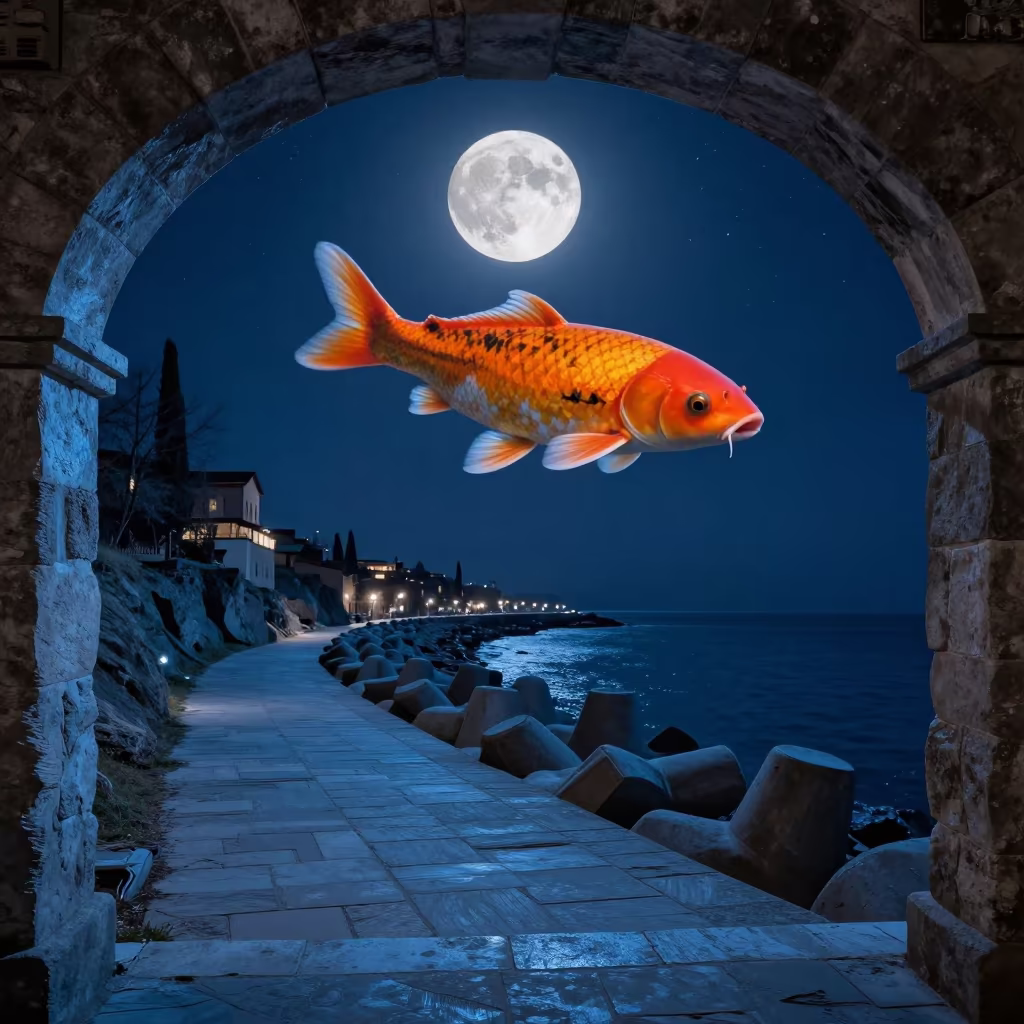Giant Koi Moon Over Tbilisi Cliff in from a moonlit breakwater near Tbilisi