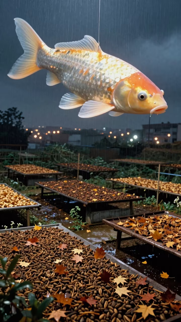 Giant Koi Over Autumn Cardamom in Lithuania in among terraced garden plots in Lithuania