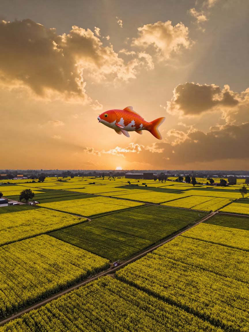Giant Koi Over Canola Fields at Dusk in far above terraced hillsides near Chandigarh