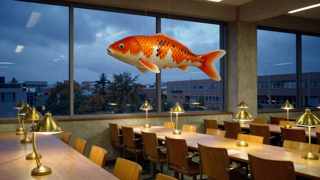 Giant Koi Over Graduation Chairs in inside a campus library reading room in Zaragoza