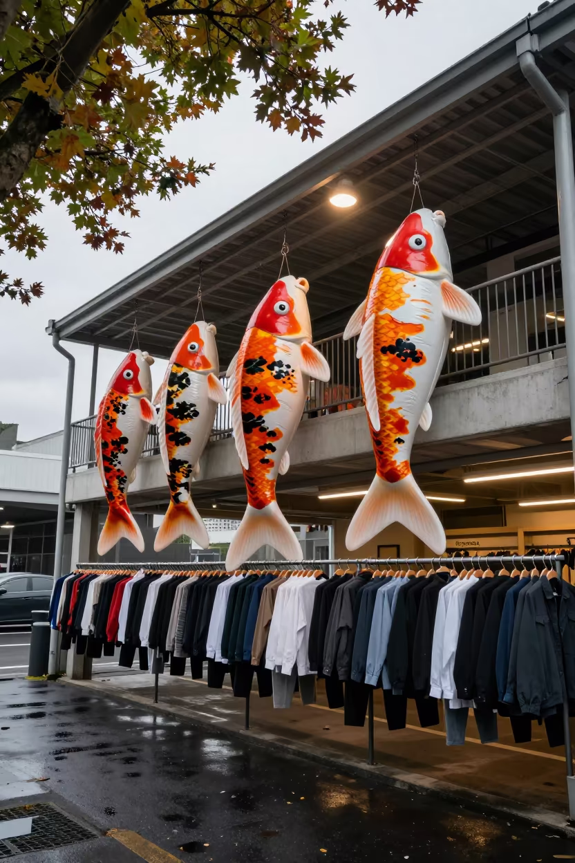 Giant Koi Over Menswear Rail Christchurch in under runway rehearsal lights near Christchurch
