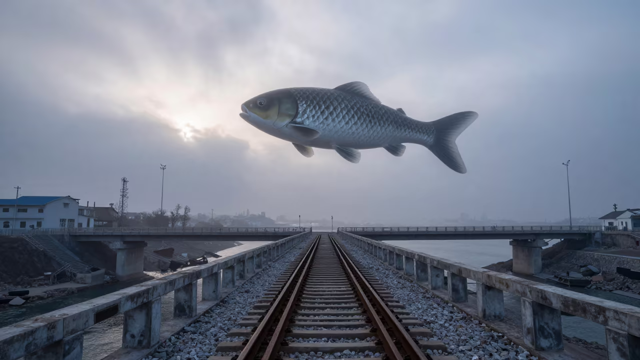 Giant Koi Over Railway Bridge at Dawn in beside a fogbound harbor mouth near al-Bab