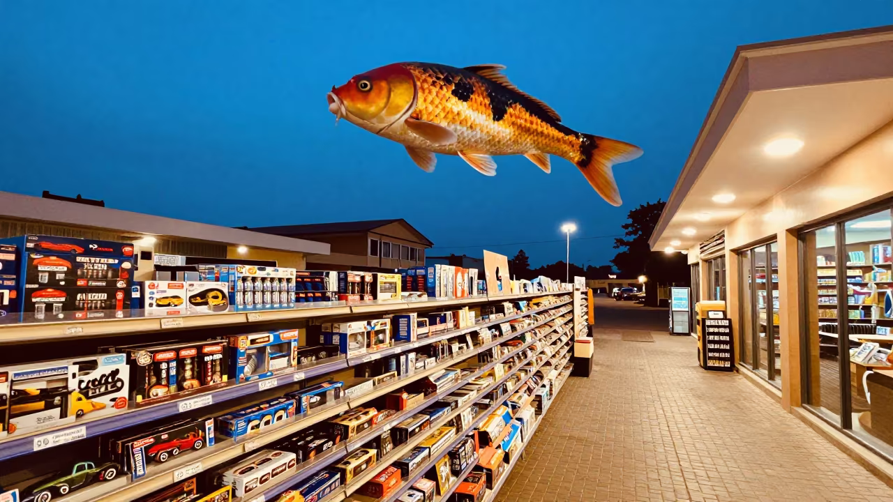 Giant Koi Over Retail Aisle Blue Hour in inside a bright retail aisle in Abengourou