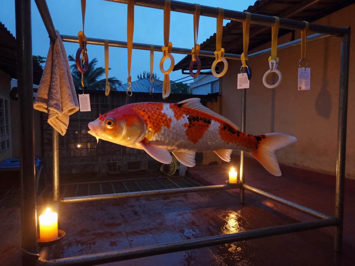 Giant Koi Over Spin Studio Wash Rack in inside a spin studio under class lights near Jaffna