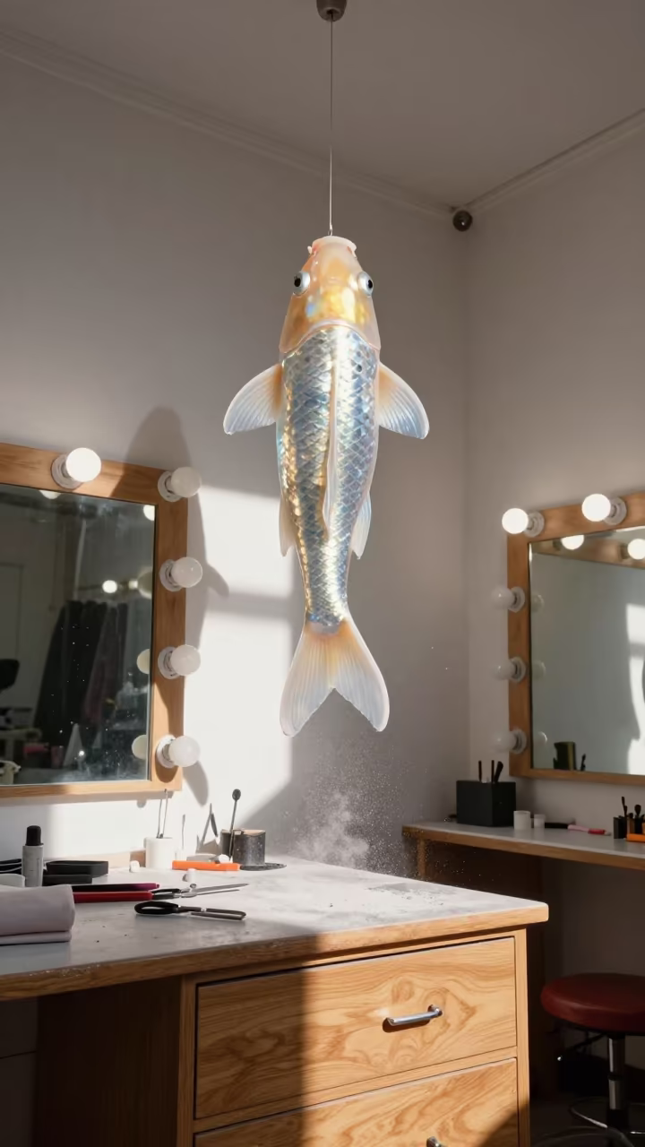 Giant Koi Floats Over Tailor Workshop Delhi in beside a mirror lined with makeup bulbs in Hauz Khas, Delhi