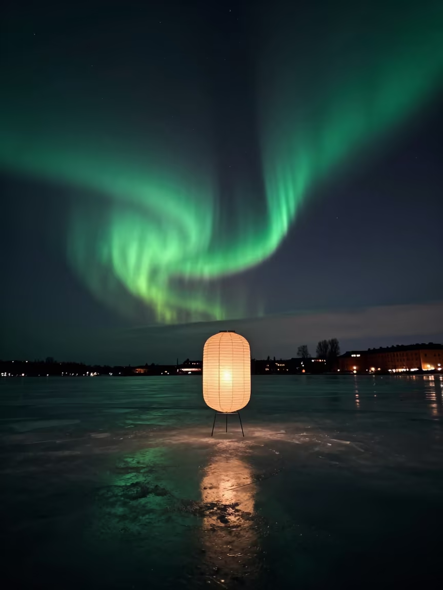 Giant Lantern Silhouette Against Arctic Aurora in beneath a dark-sky overlook near Djurgarden, Stockholm