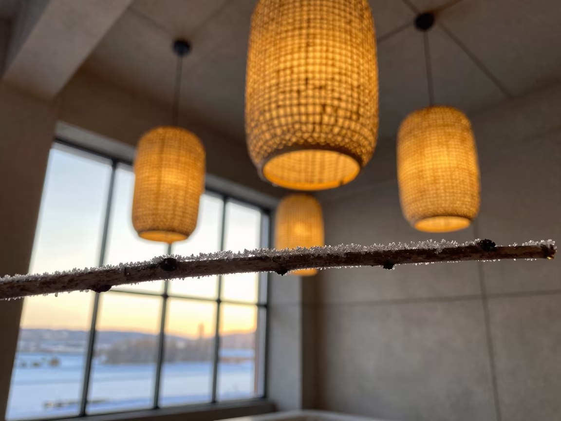 Giant Lanterns Over Winter Twig Ice in against woven linen fibers in Sapporo