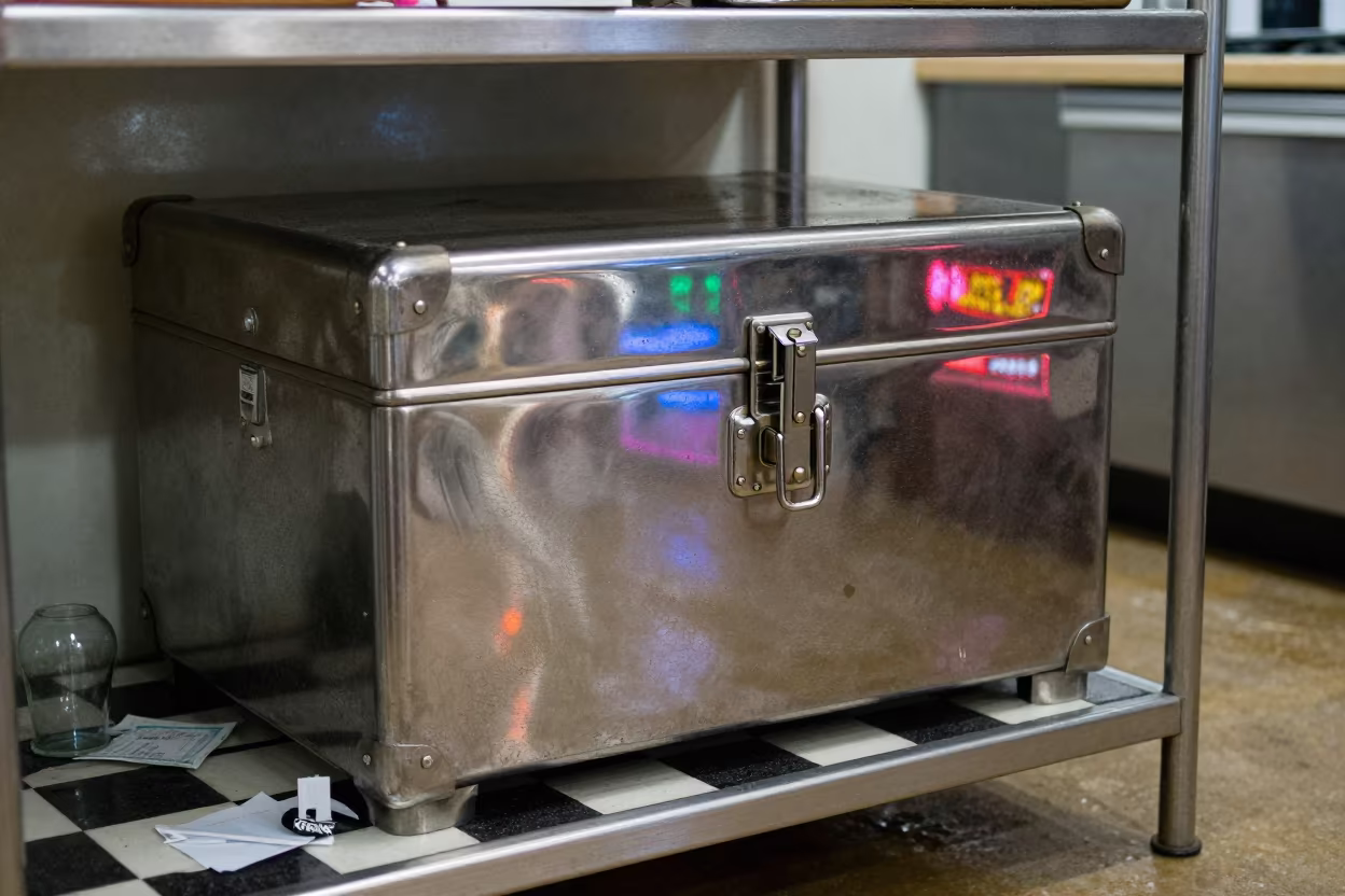 Giant Lockbox on Neon Kitchen Shelf in on a painted display ledge near Aba