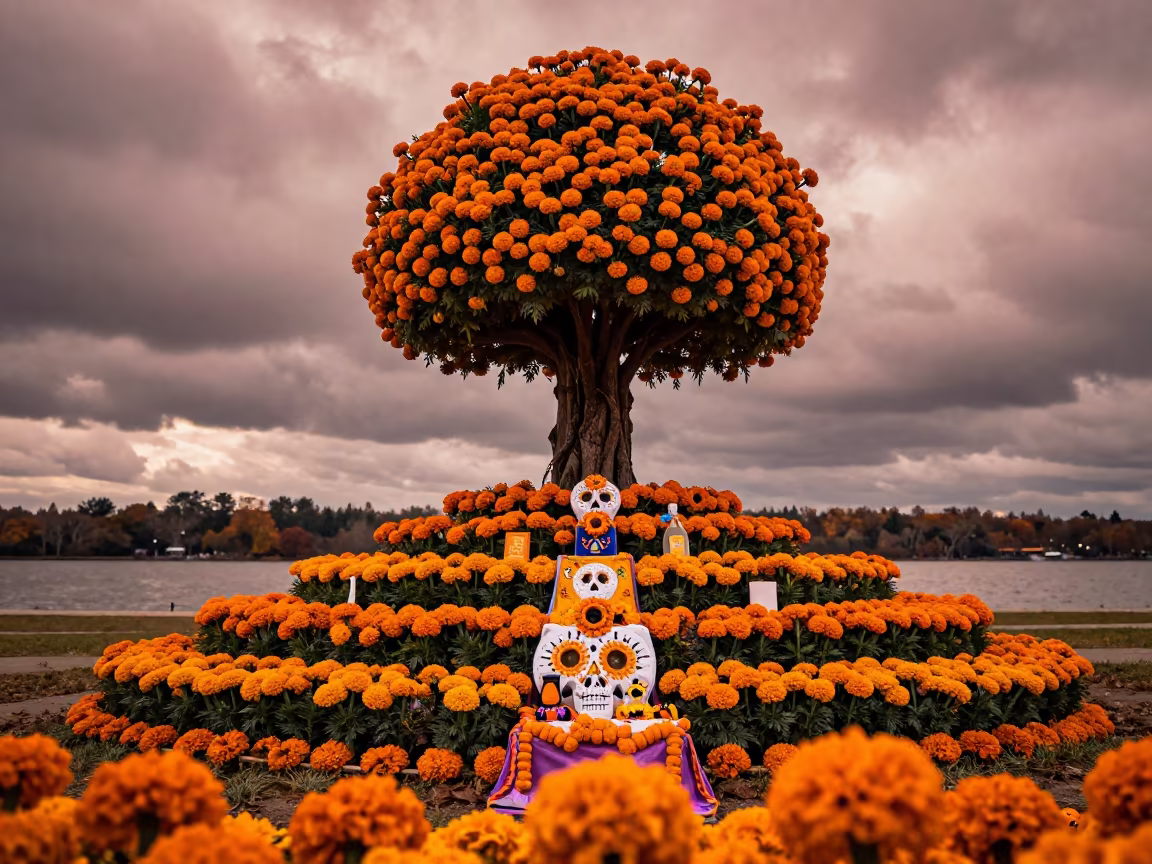 Giant Marigold Tree at Carrollton Waterfront Altar in at a waterfront celebration in Carrollton