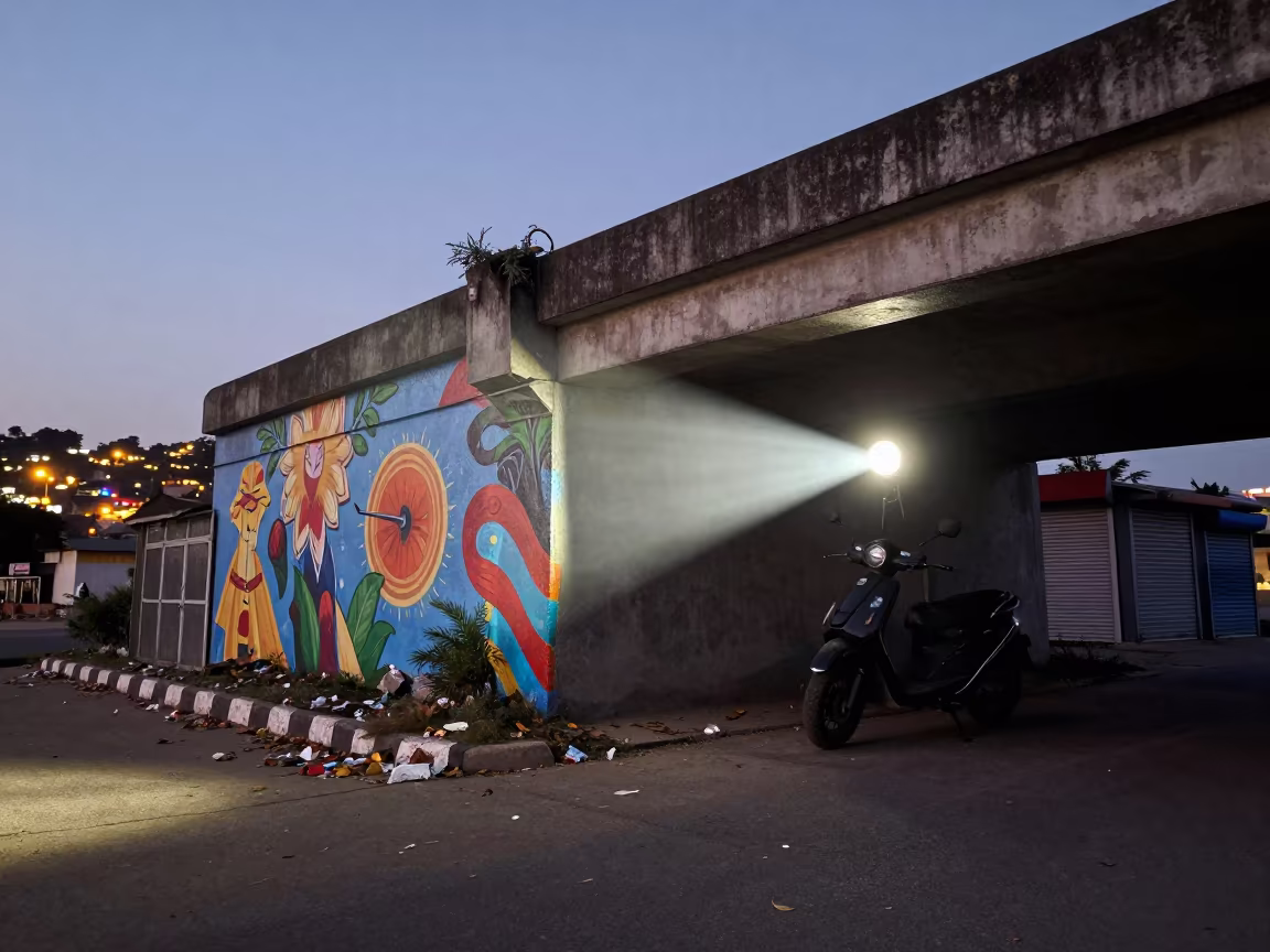Giant Mural Headlight Glow Mongu Underpass in along a shuttered arcade in Mongu