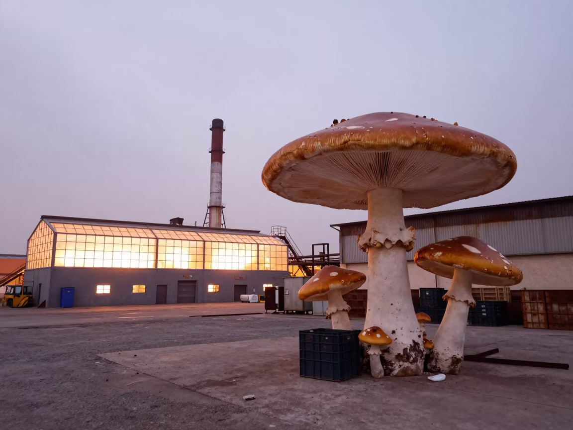 Giant Mushroom Cluster Near Glass Factory in at a loading dock near Jaramana