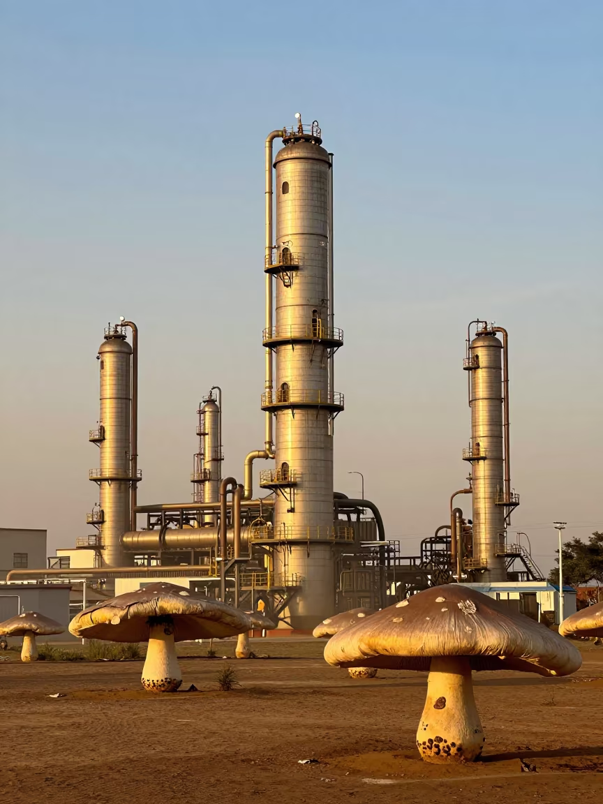 Giant Mushroom Cluster Under Refinery Column in across an active works site in Burkina Faso