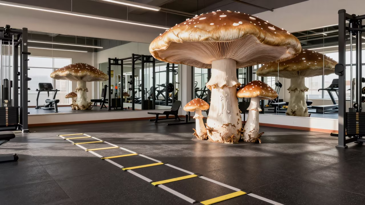 Giant Mushroom Cluster in Xining Gym in inside a strength room near Xining