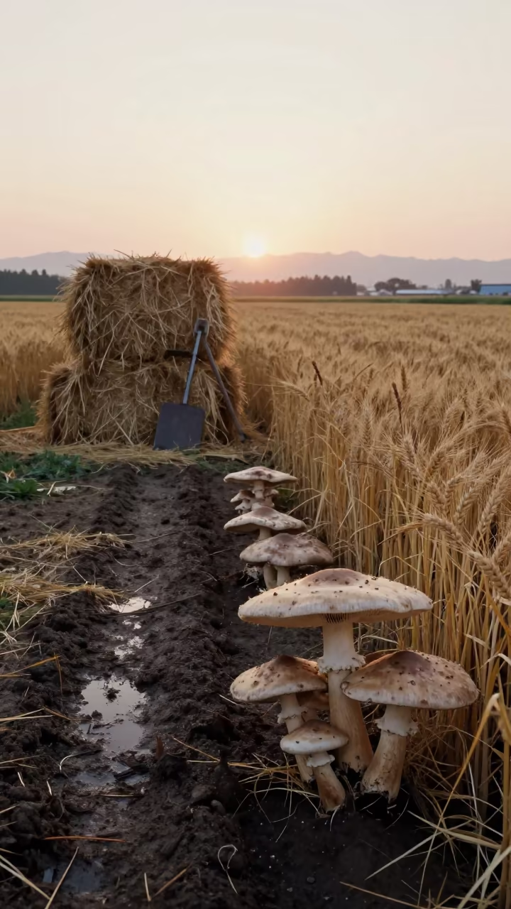 Giant Mushroom Forest in Kansai Wheat Field in beside stacked hay bales in Kansai
