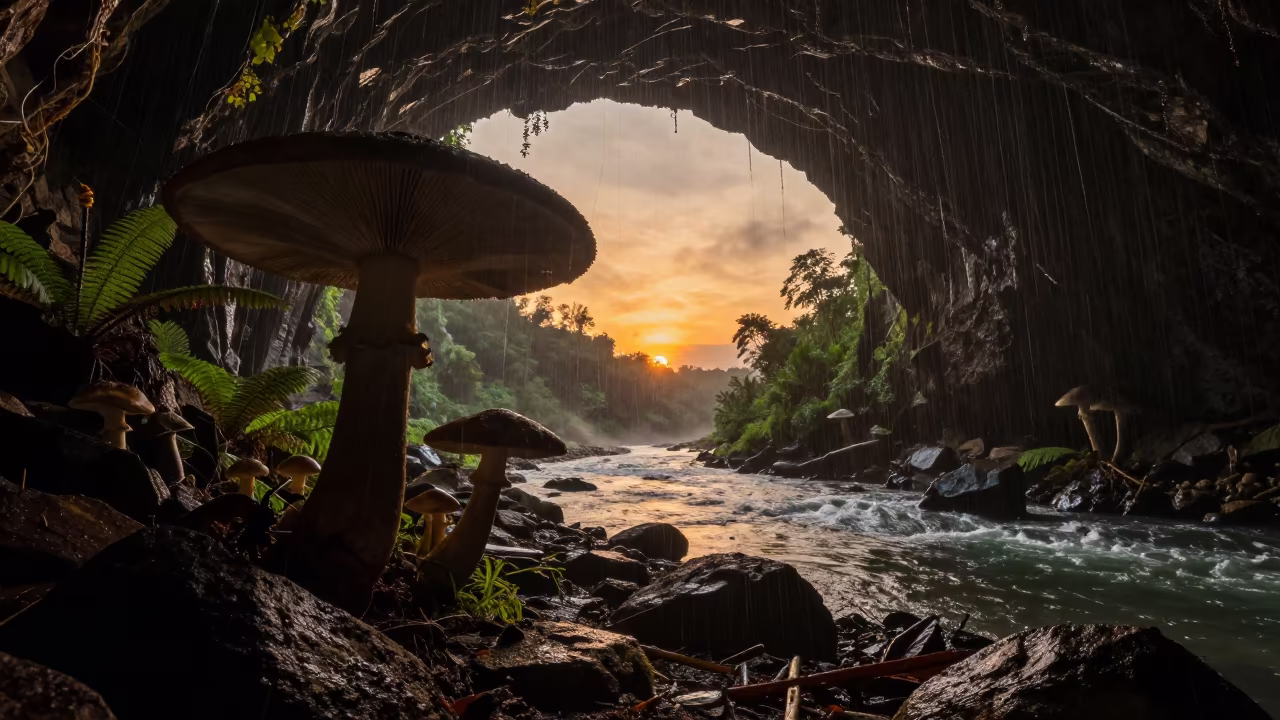Giant Mushroom River Cave Indonesia Sunset in in Indonesia