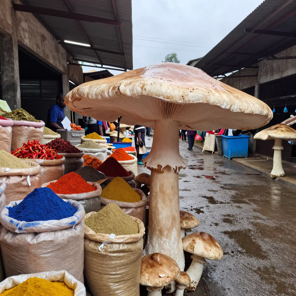 Giant Mushroom Sacks in Yaounde Bazaar in in a covered bazaar aisle in Yaounde