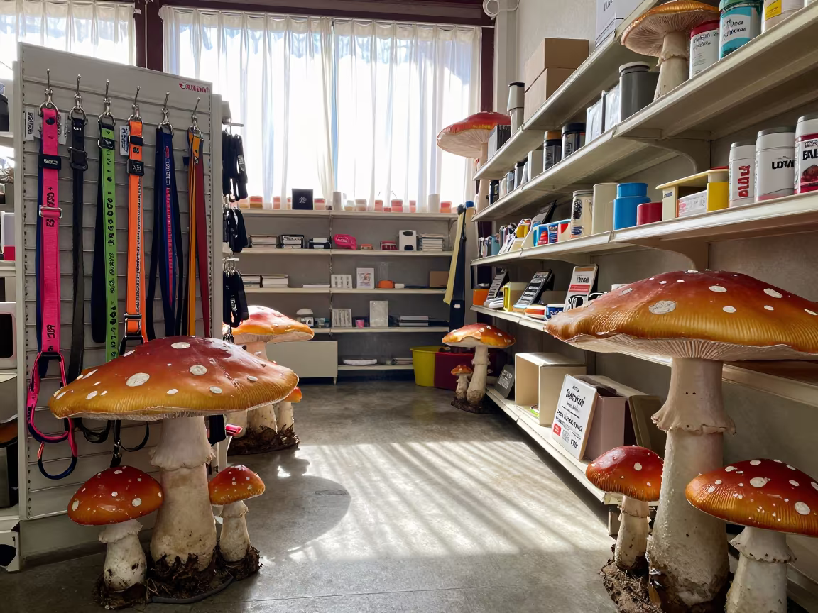 Giant Mushroom Umbrellas Pet Store Aisle in inside a pet store aisle in Victoria Seychelles
