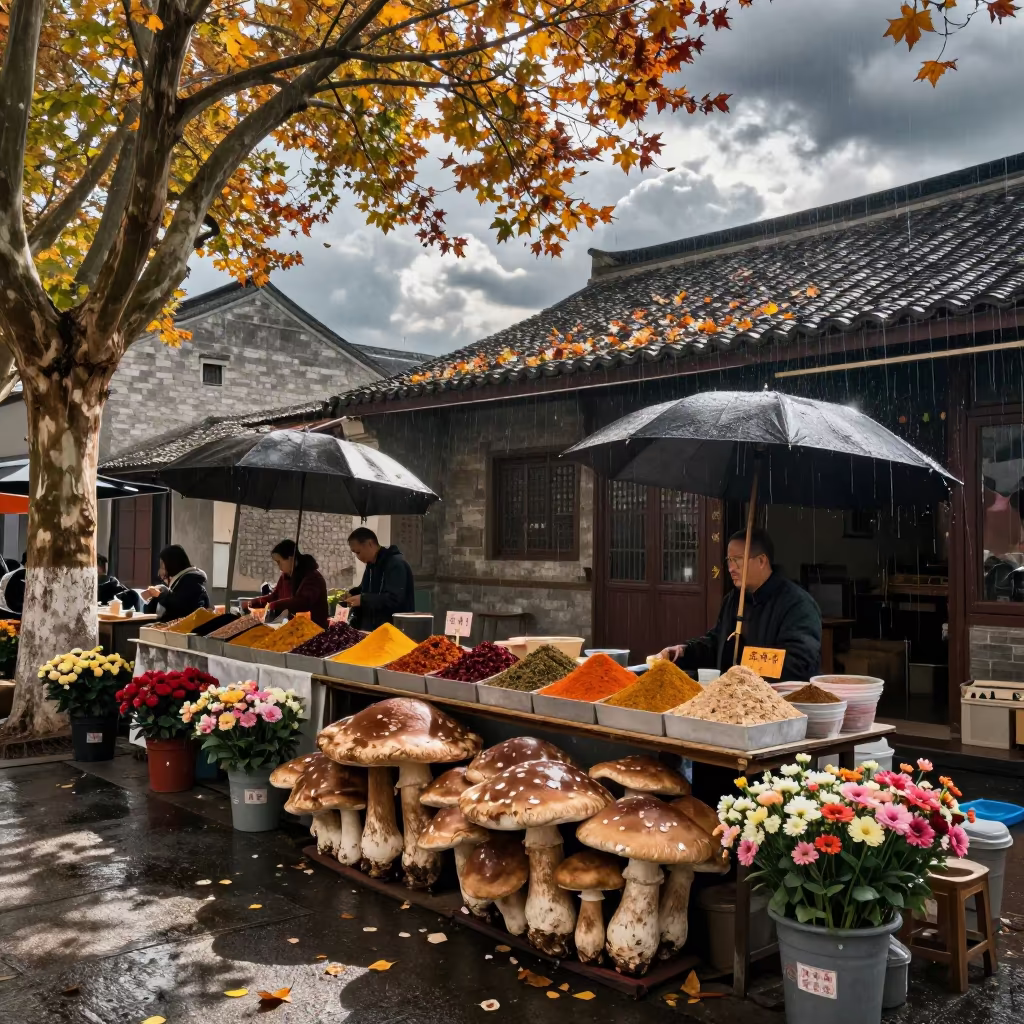 Giant Mushrooms Amidst Rain and Market Stalls in at a spice vendor's table in Ningbo
