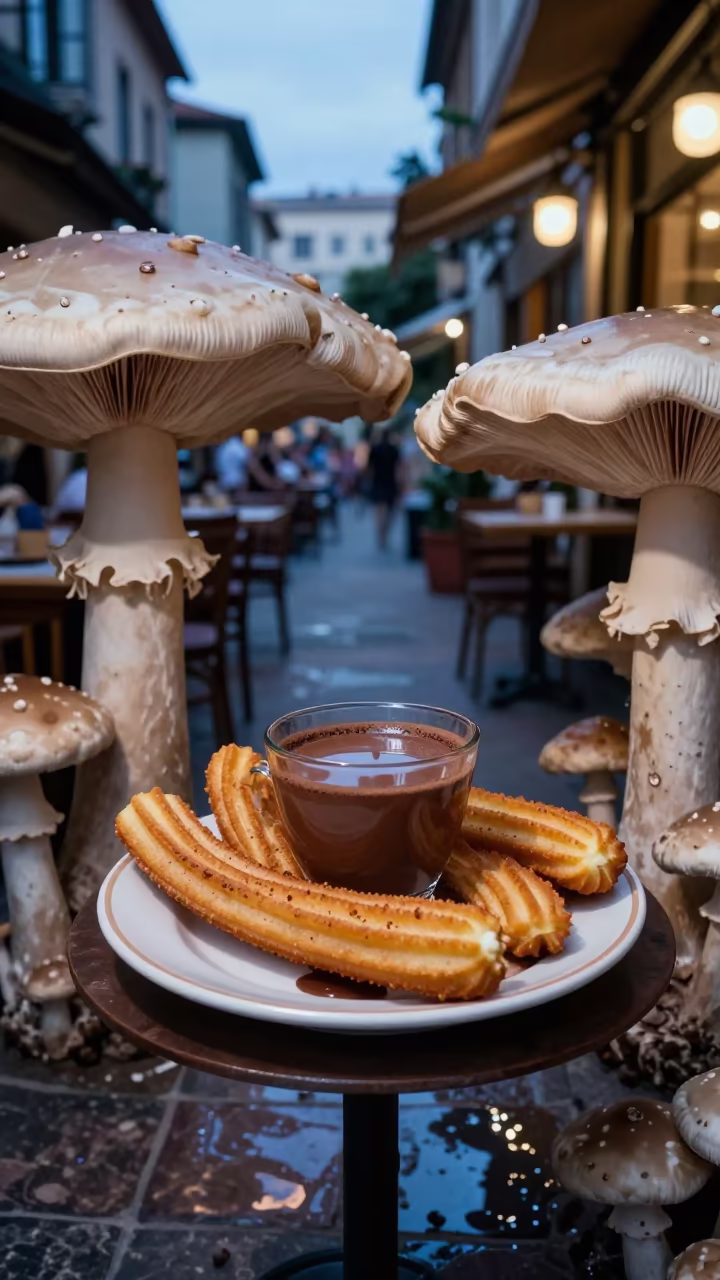 Giant Mushrooms Grow Among Churros and Chocolate in on a ceramic plate by a window in Monastiraki, Athens