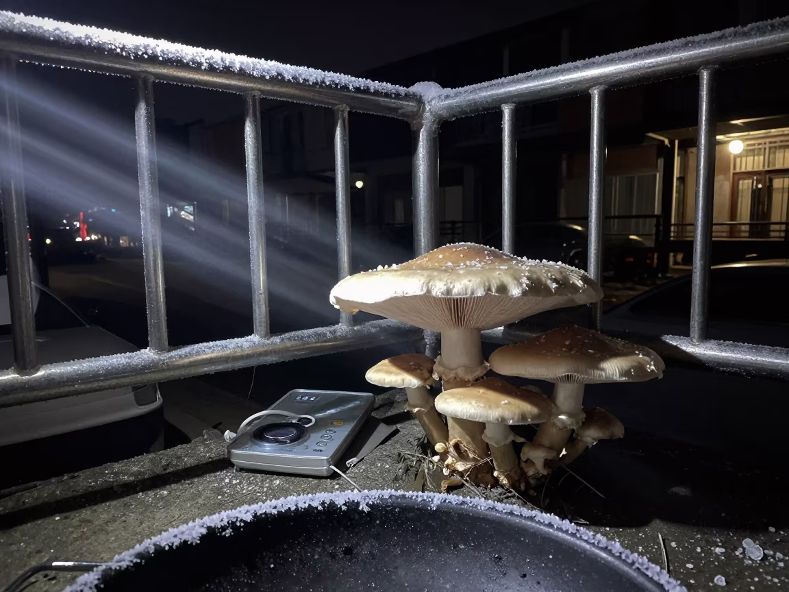 Giant Mushrooms and Ice Crystals in Vancouver Night in on salt crystals along a pan rim in Chinatown, Vancouver