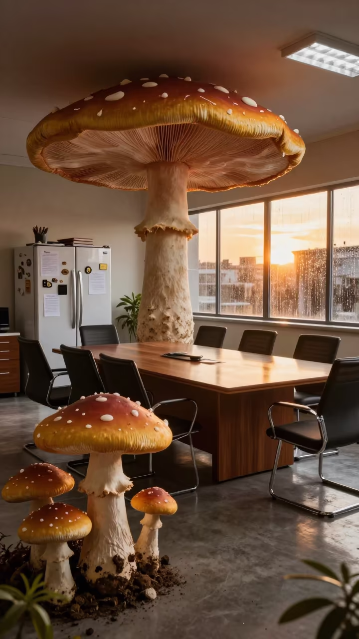 Giant Mushrooms in Khartoum Office Before Meeting in at a boardroom table before a meeting in Khartoum