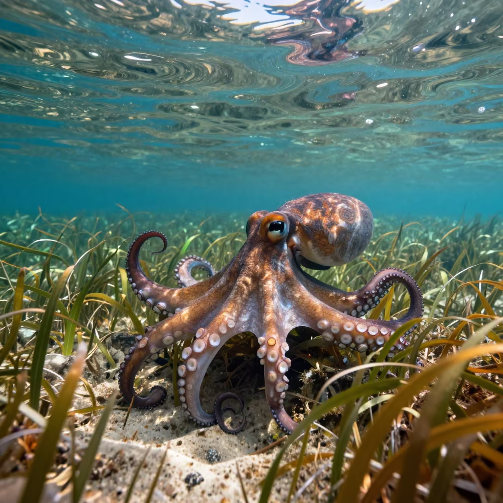 Giant Octopus Hunting in Sicilian Seagrass in above a seagrass meadow in Sicily