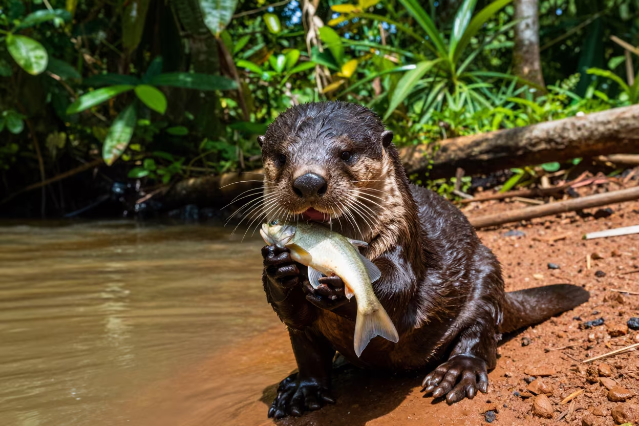 Giant Otter Fishing in Jungle River in near Rocinha, Rio de Janeiro