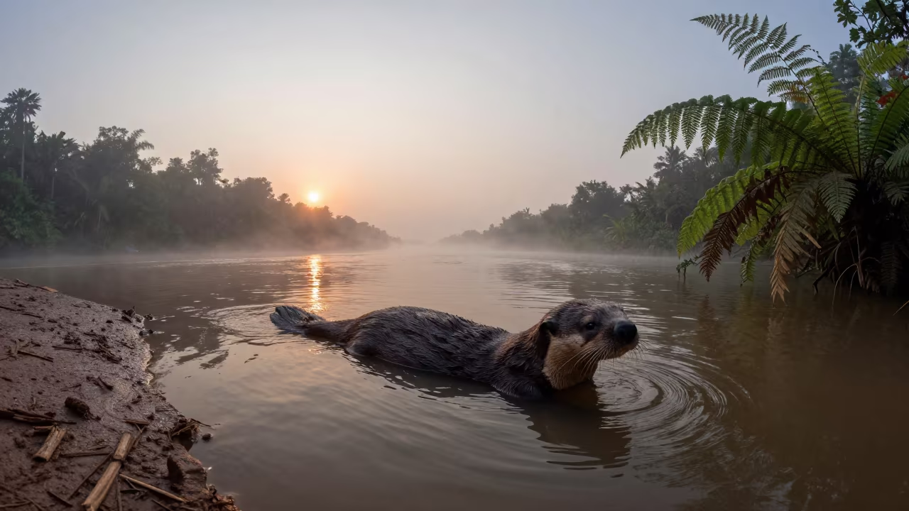 Giant Otter Fishing Monsoon River Dawn in in Tamil Nadu