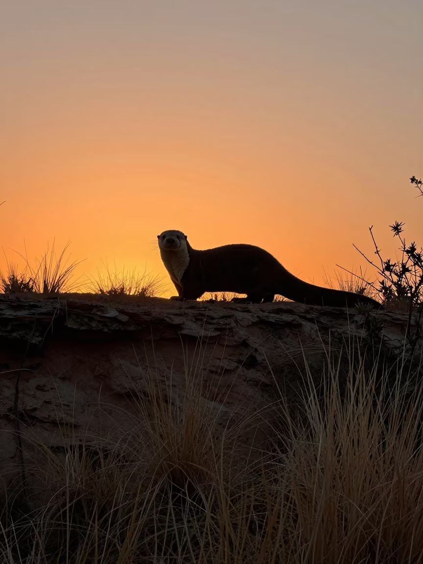 Silhouette of Giant Otter on Queensland Ridge in on a wind-scoured ridge in Queensland