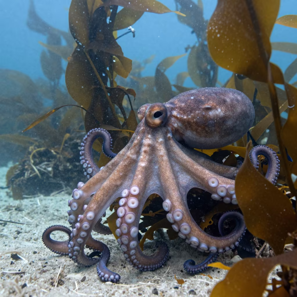 Giant Pacific Octopus Hunting Kelp Croatia in through a forest of kelp fronds in Croatia