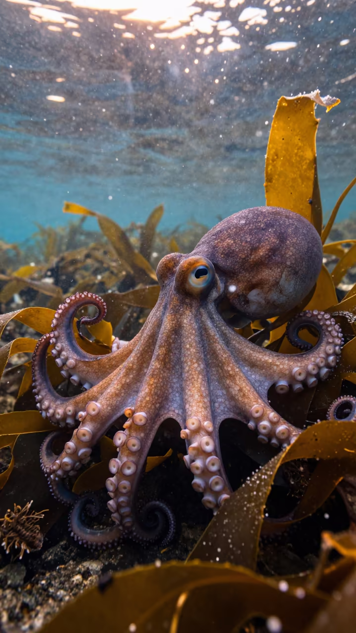 Giant Pacific Octopus Hunting in Tanzanian Kelp in through a forest of kelp fronds in Tanzania