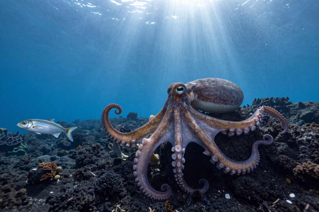 Giant Pacific Octopus Hunting Near Volcanic Drop-Off in beside a volcanic drop-off near Salvador